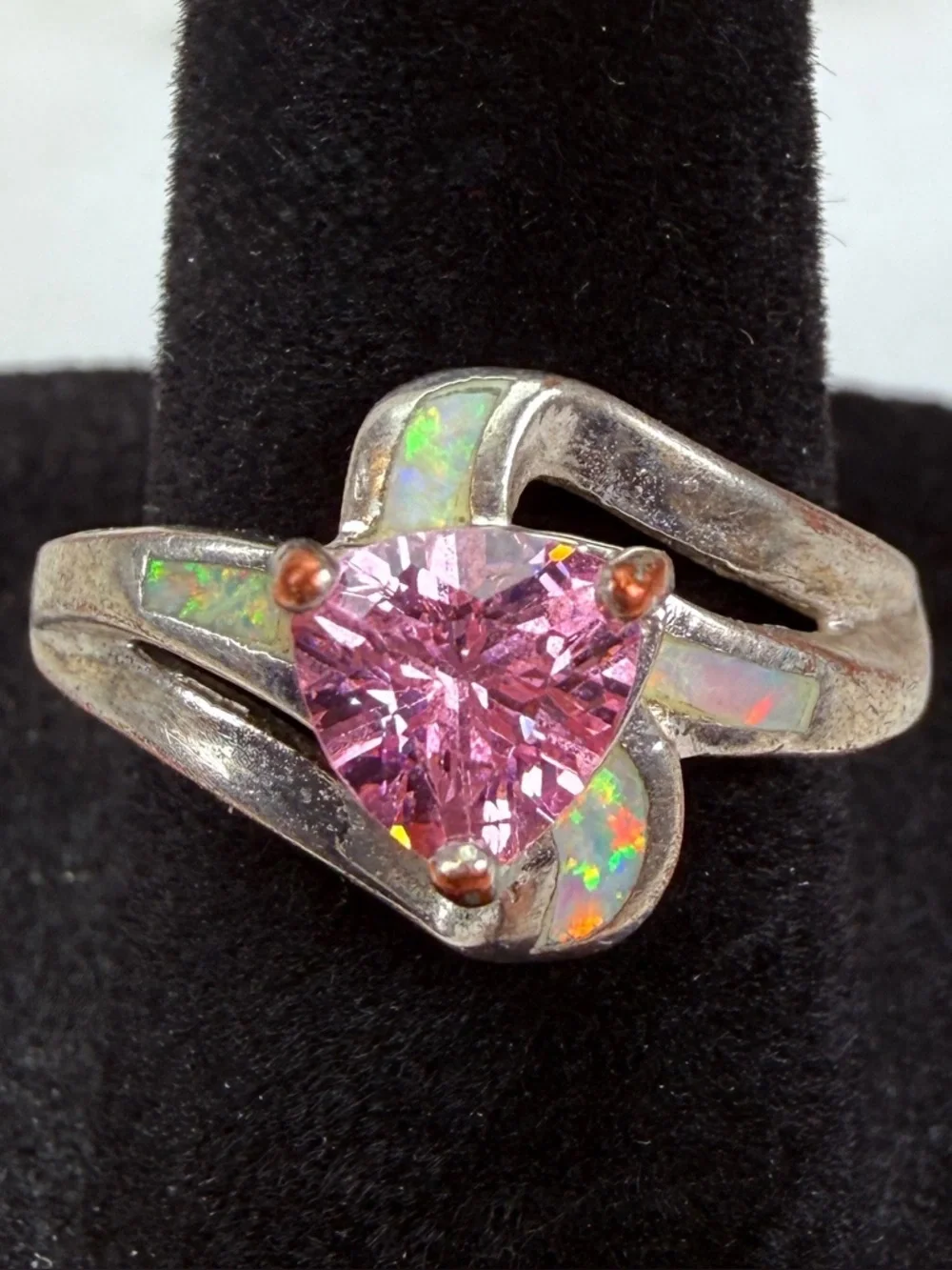 Vintage Stamped 925 Pink Trillion Opal Inlay Ring Size 7 1/4